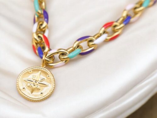 Halskette mit Stern Anhänger, gold/bunt